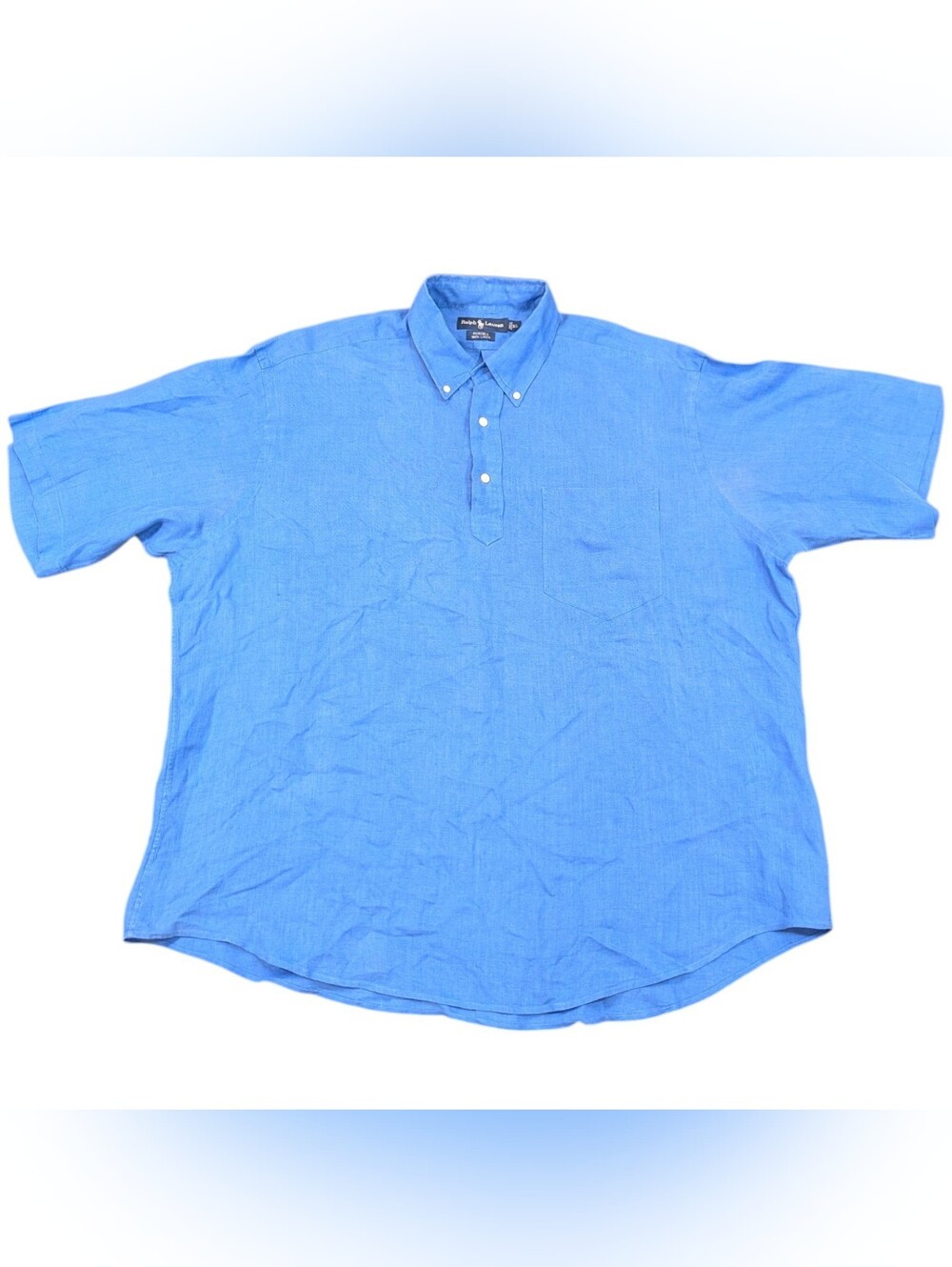 Ralph Lauren Blue 100%Linen Popover Shirt Short Sleeve Sizy XL Preppy Old Money